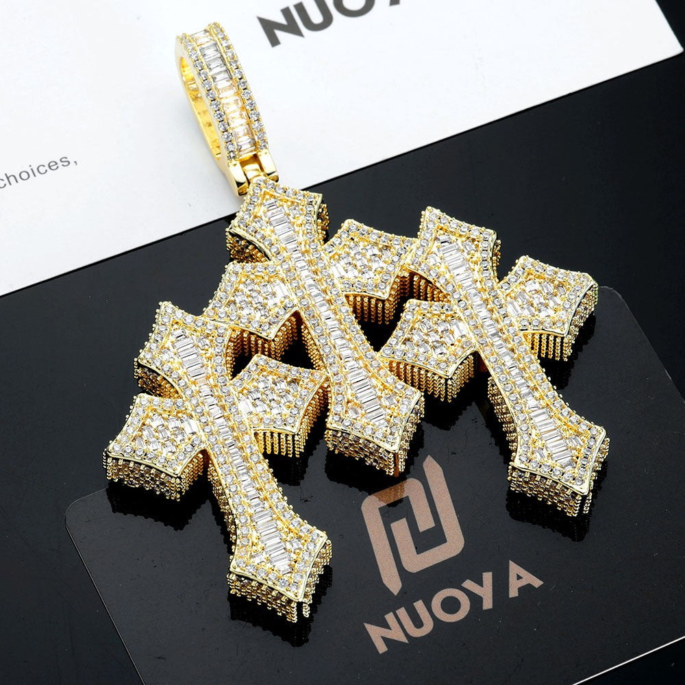 High Quality 3Inch Mens Hip Hop Cross Pendant New Release Iced out Triple Cross with Stone Charm Necklace Made Brass