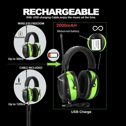 Hearing Protection Bluetooth headphones electronic earmuffs AM/FM radio 5.0 for Mowing Safety Ear muffs 2000mAh Lithium Battery