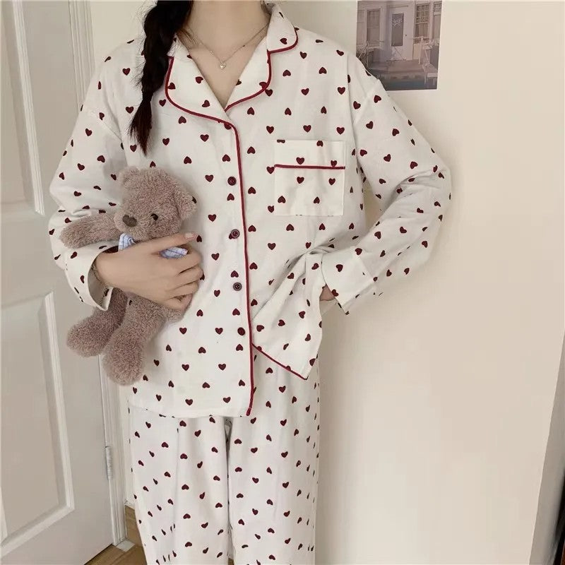 M-XXL Large Size Nightwear Women Sleepwear Autumn and Winter Cardigan Home Wear Peach Heart Long Sleeves School Silk Pajamas