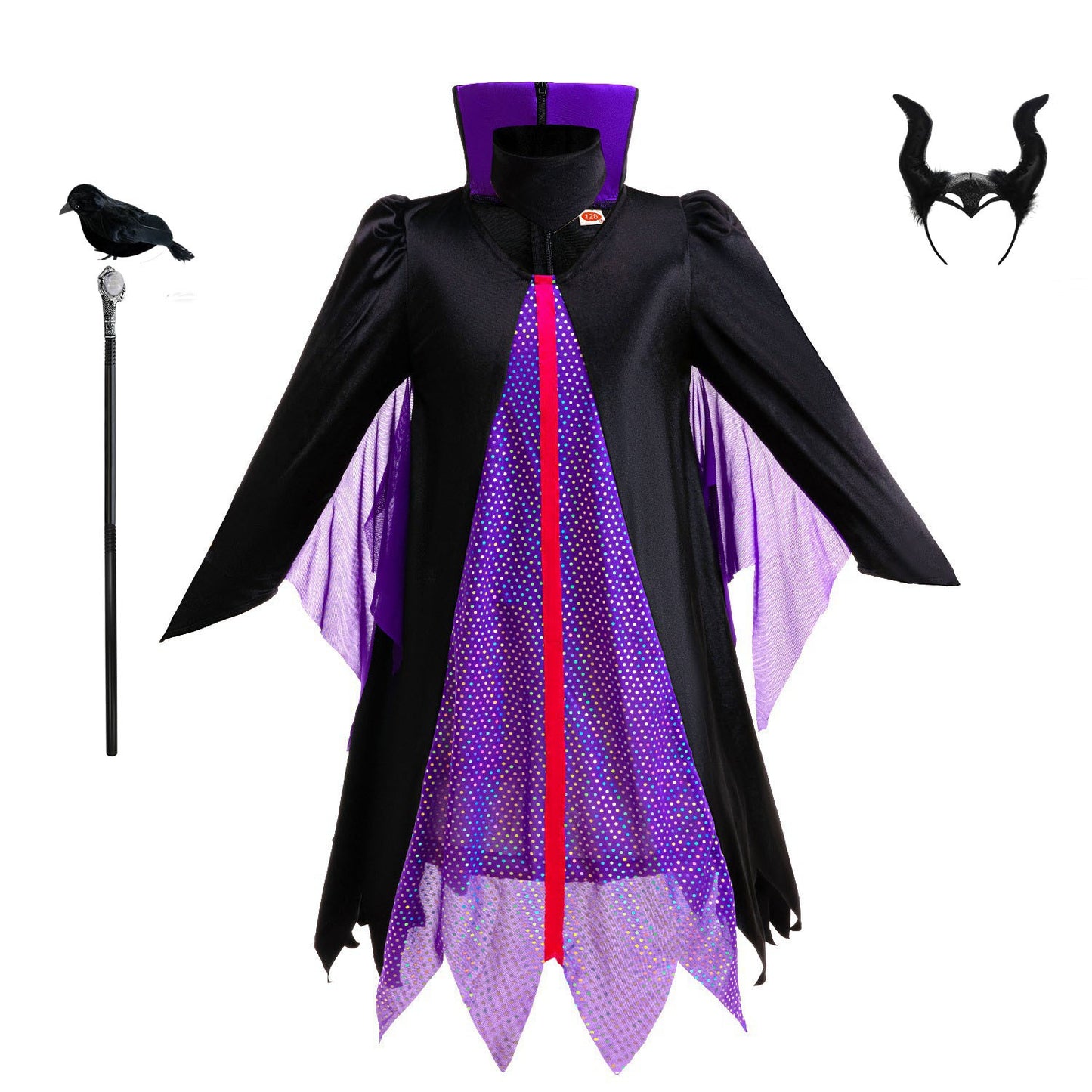 Halloween Costume Cartoon Maleficent Cosplay Dress Fancy Witch Disguise Robe Carnival Devil Queen Dot Tulle Frock