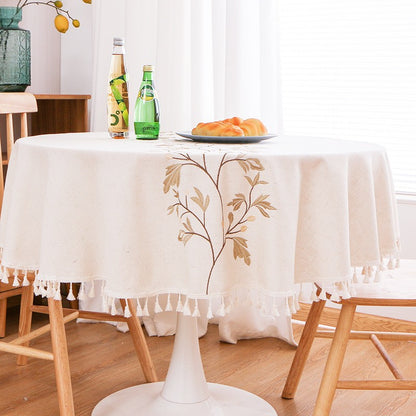 Embroidery Round Tablecloth, Cotton Linen Flower Dust Proof Table Cover, for Kitchen Dining Room,Party,Birthday Tabletop Decor