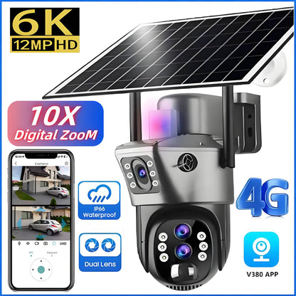 10x Zoom 4G SIM Solar Camera Outdoor 6K 12MP Three Lens HD Night Vision IP Surveillance Camera Security Protection  PTZ CCTV Cam