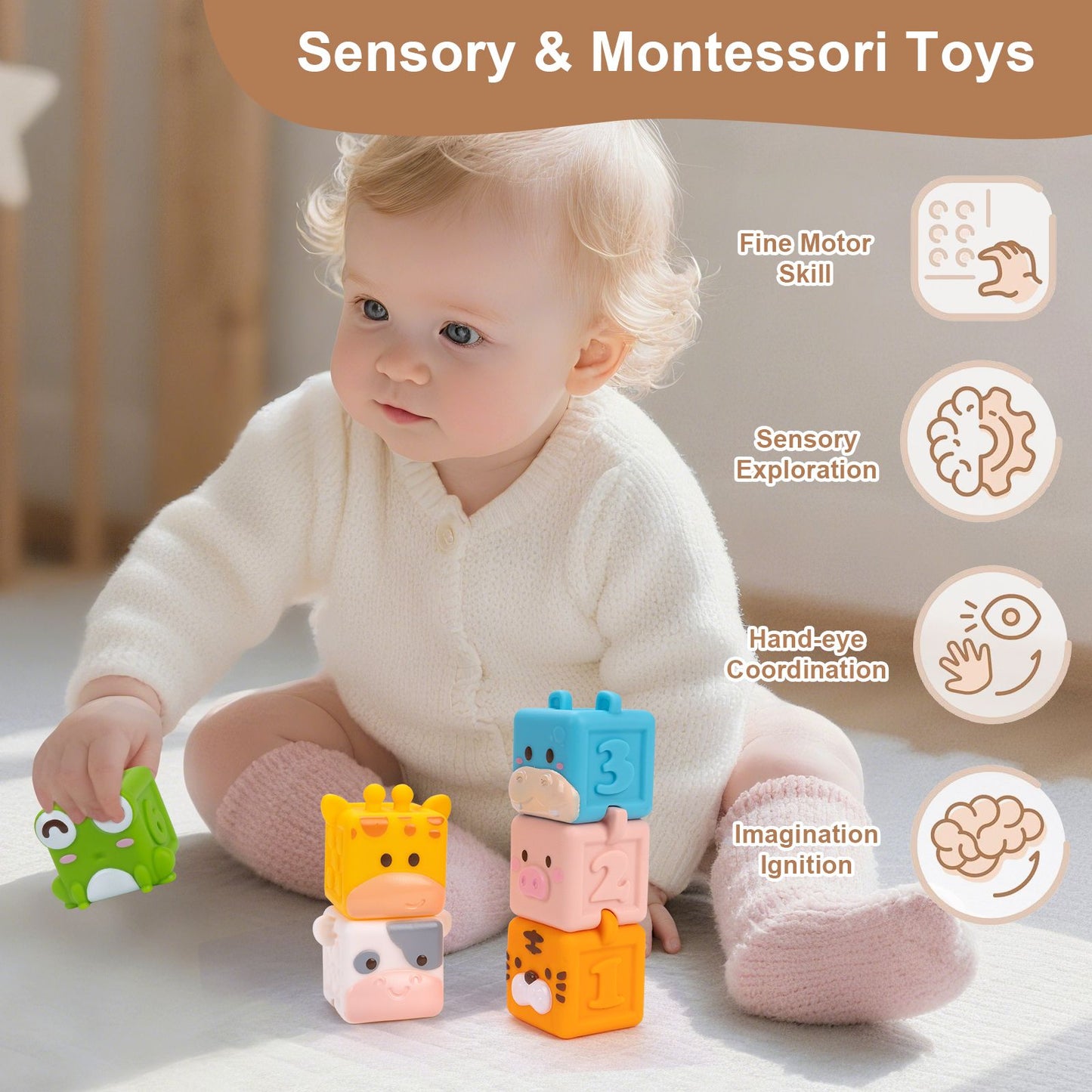 Brinquedos de blocos de montar de silicone macio para bebês Cubo 3D de animais brinquedos de empilhar Brinquedos sensoriais educativos Montessori para bebês Brinquedos de banho