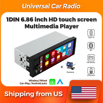 MEKEDE 1Din 6.86 polegadas Carplay Android Auto Rádio Automotivo Universal Reprodutor Multimídia com BT FM Estéreo USB Tipo-C Câmera Unidade Principal