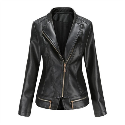Women's Bright Red Lapel PU Jacket, Zippered Embellished Leather Jackets, Women Fashion Casual Coat of Female Outerwear