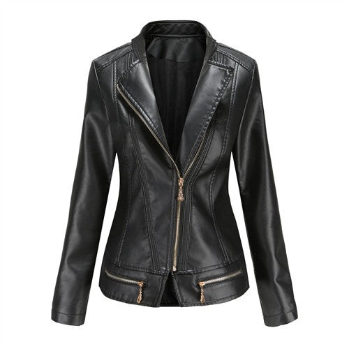 Women's Bright Red Lapel PU Jacket, Zippered Embellished Leather Jackets, Women Fashion Casual Coat of Female Outerwear