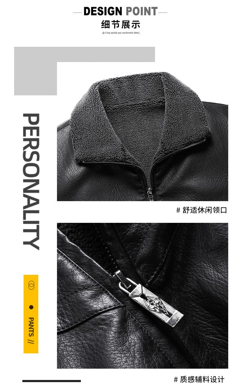 Leather Jacket Men Coats Autumn Fur Collar Luxury Fleece Black Oversized  6XL 7XL 8XL Plus Size Warm Winter Comfort High Quality