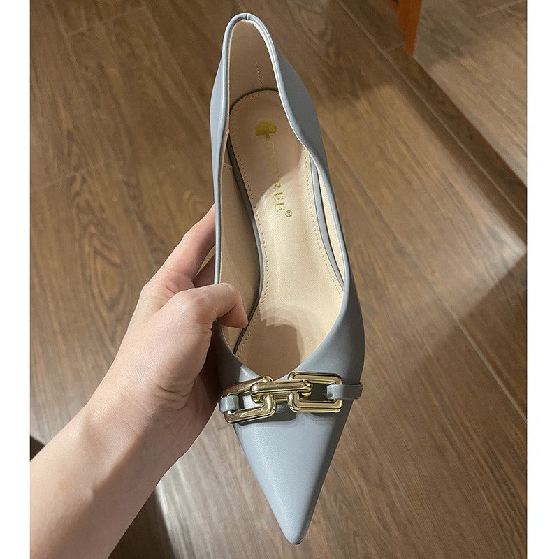 Women 7cm High Heels Pumps Lady Scarpins Fetish Nightclub Blue Nude Low Heels Wedding Party Metal Chain Buckle Fetish Prom Shoes