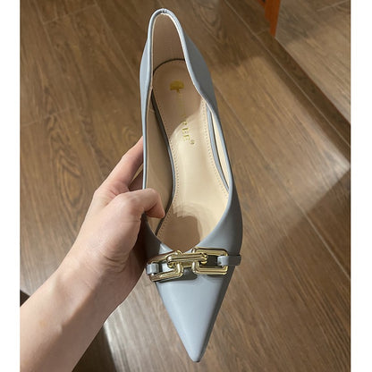 Women 7cm High Heels Pumps Lady Scarpins Fetish Nightclub Blue Nude Low Heels Wedding Party Metal Chain Buckle Fetish Prom Shoes