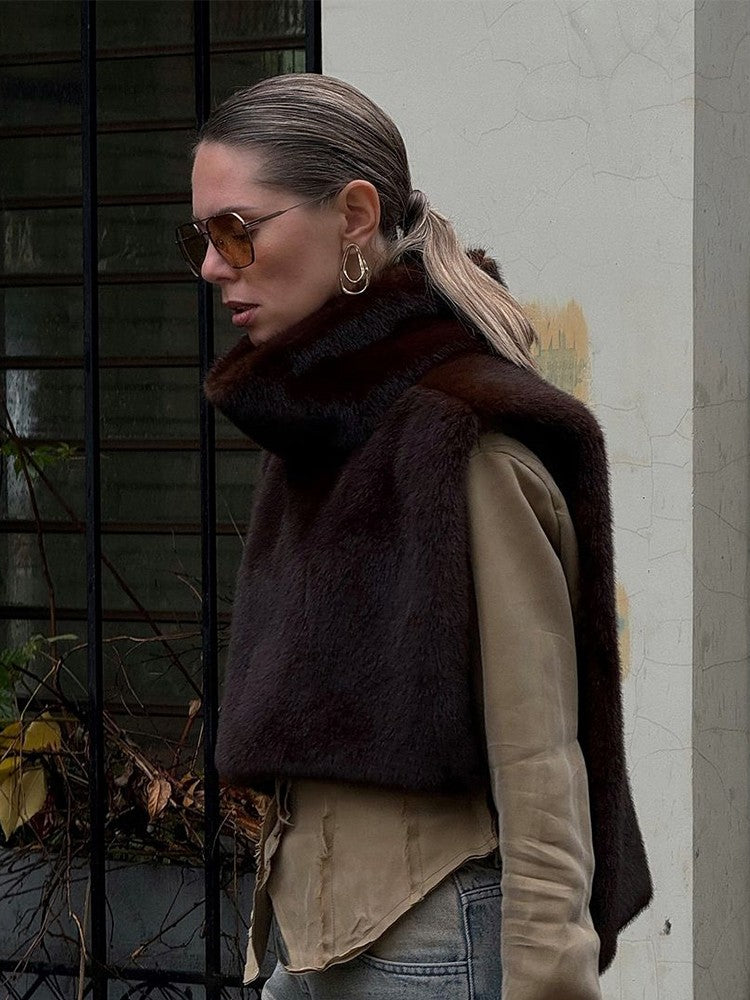 Women Solid Faux Fur Vest Crop Top Fashion Turtleneck Fluffy Short Tank Tops 2025 Winter Lady Elegant Sleeveless Jacket Coat