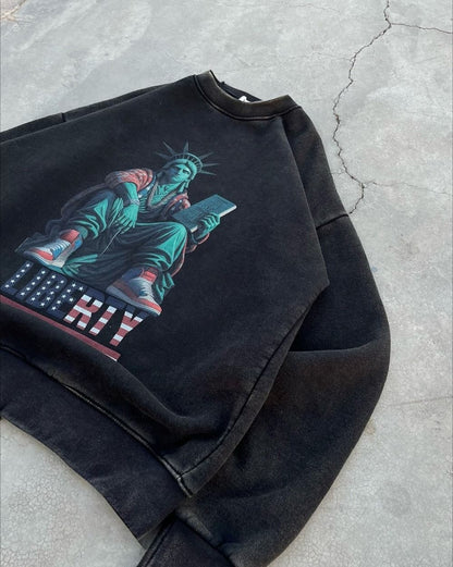 Y2K Washed Distressed Black Round Neck Pullover Sweatshirt Men Women Casual Goth Harajuku Hip Hop Character Graphic Print Hoodie