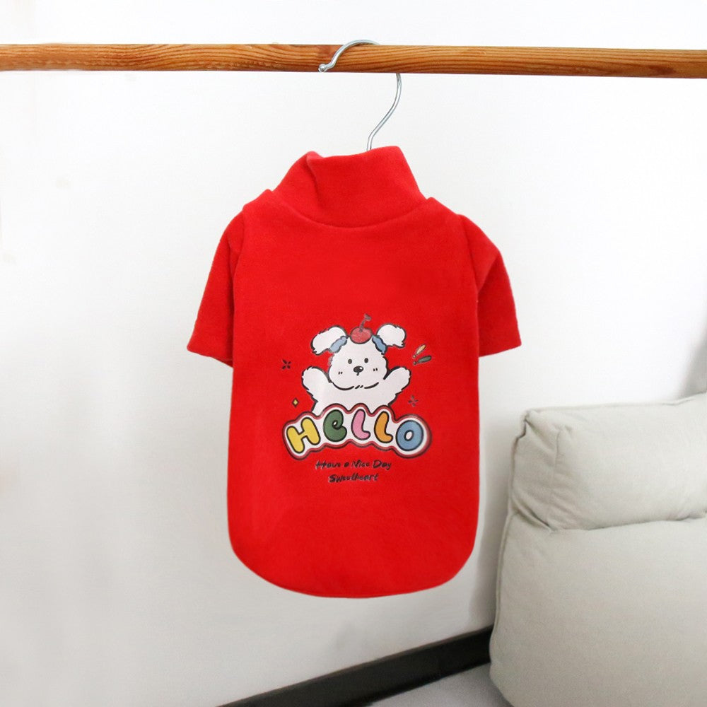 Camisa de base quente com gola alta de pelúcia para animais de estimação, moletom grosso de desenho animado para outono e inverno, roupas para cães para atividades ao ar livre