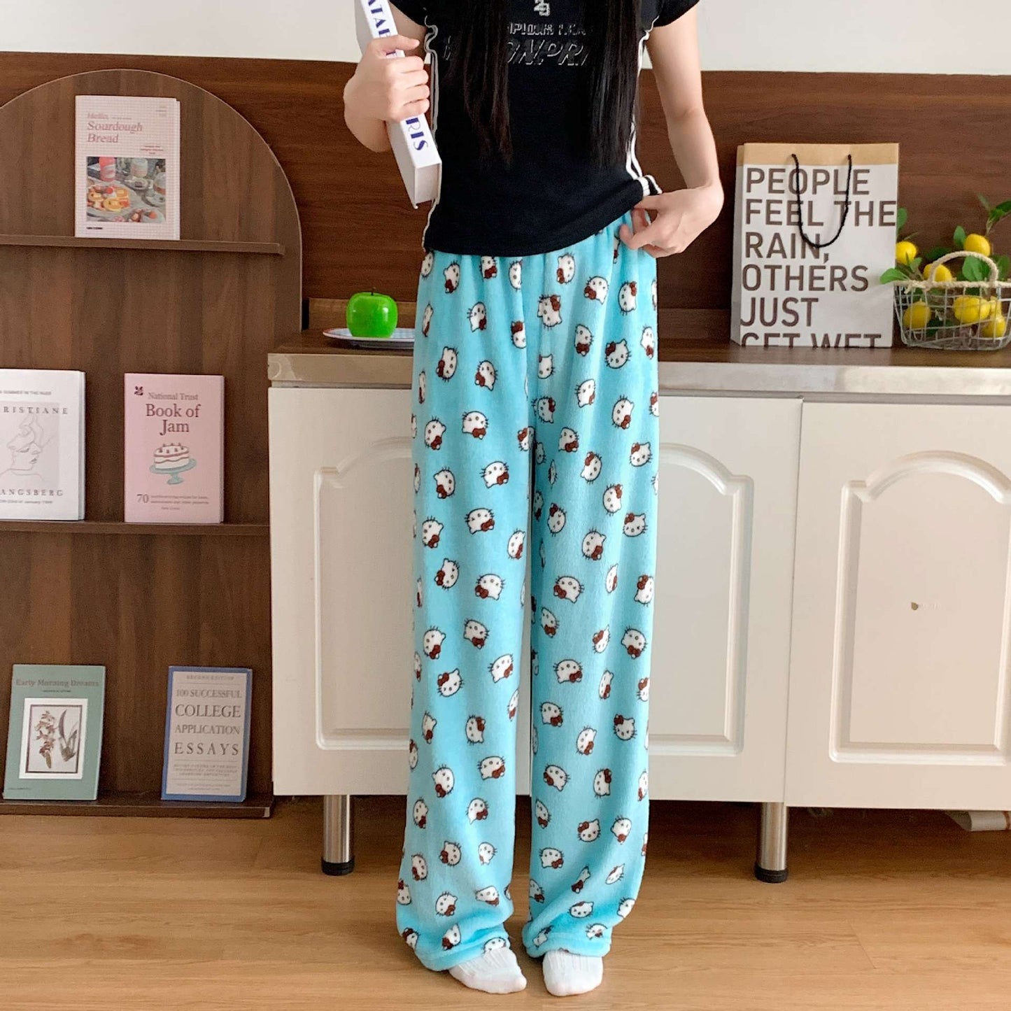 Anime Stitch Plush Pajama Pants Sanrio Kawaii Hello Kitty Cute Women Winter Warm Student Sleeping Pants Loose Casual Home Pants