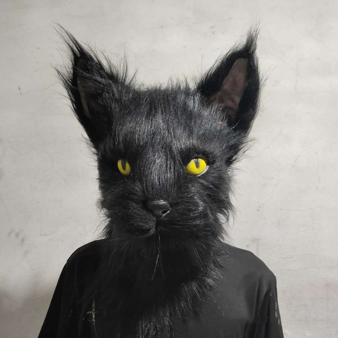 Latex with Fur Black Cat Cosplay Mask Scary Helmet Animal Funny Costume Hood Hair Mask Headwear Adult Halloween Party Props