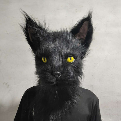 Latex with Fur Black Cat Cosplay Mask Scary Helmet Animal Funny Costume Hood Hair Mask Headwear Adult Halloween Party Props