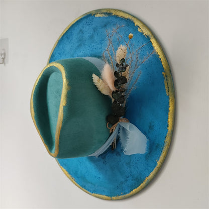 Chapéu Fedora Pintado à Mão Masculino e Feminino Chapéu Panamá Moda Primavera Outono com Pena Envolta Chapéu Fedora de Lã com Aba Grande