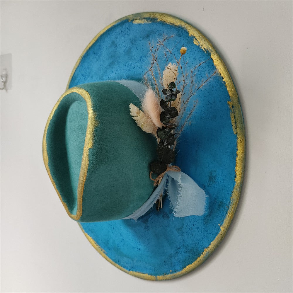 Chapéu Fedora Pintado à Mão Masculino e Feminino Chapéu Panamá Moda Primavera Outono com Pena Envolta Chapéu Fedora de Lã com Aba Grande