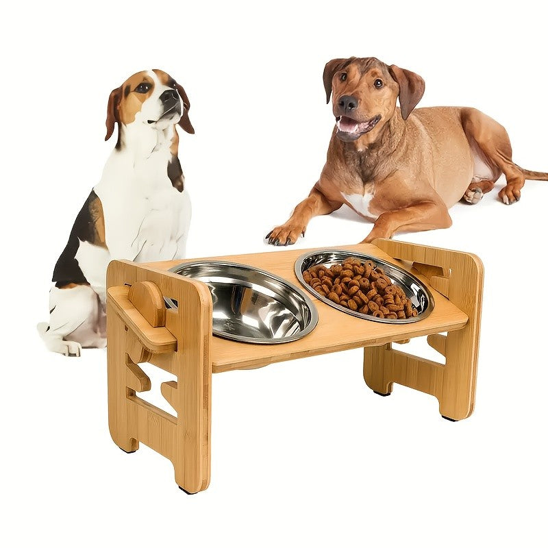 Suporte de Tigela Ajustável para Pets com 6 Posições, Tigelas Duplas de Bambu para Comida e Água de Cães e Gatos, Comedouro Elevado para Cães e Gatos de Pequeno, Médio e Grande Porte