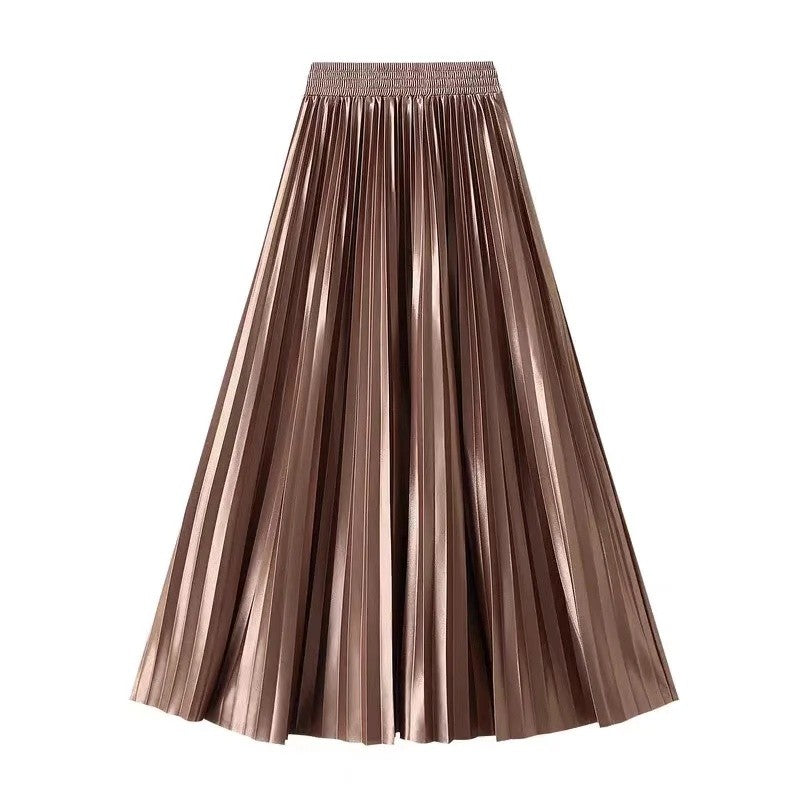 High Waist Satin Pleated Skirt 1 Meter Long Floor Length Pearl Glitter A- Line Umbrella Half Body Skirts Polyester Fiber