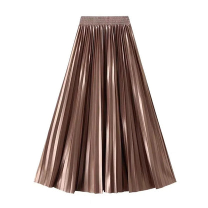 High Waist Satin Pleated Skirt 1 Meter Long Floor Length Pearl Glitter A- Line Umbrella Half Body Skirts Polyester Fiber