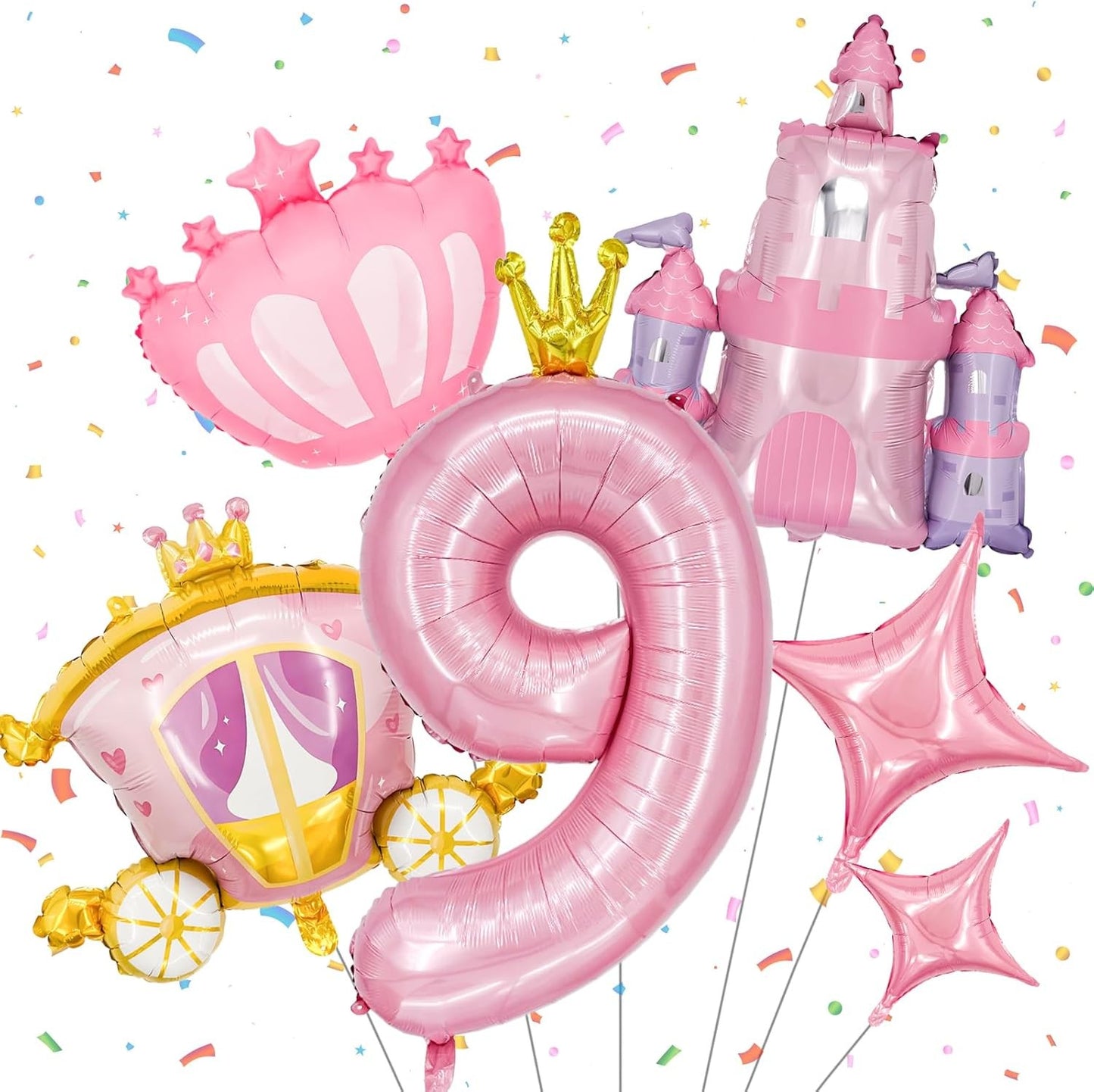 6-Piece Princess Theme Party Decoration Set: Princess Carriage + Pink Castle + 40-inch Numbers + Crown Heart + Star Foil Balloon