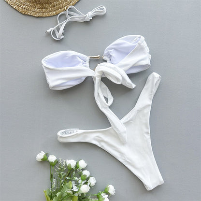 Solid Pink Bandeau Micro Bikini Thong Metal Ring Sexy Swimsuit Women Holiday Ladies Swimwear High Cut Bathing Suit Bikinis Sets