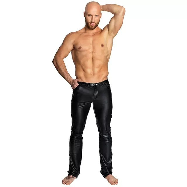 Performance Leather Pants Muscle Men's Slim Fit DJ Lead Dance Gogo ow off Club Bar Youth Trend Long Pants Pure Color
