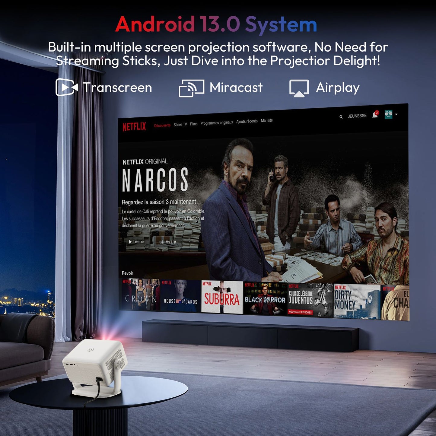 Projetor Inteligente XGODY Netflix Oficial 4K Suportado 650 Ansi Reconhecimento de Voz IA Foco e Correção Trapezoidal Automáticos para Filmes em Casa