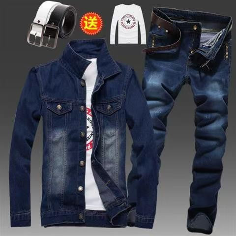 Men's Slim Fit Denim Jacket Pants 2pcs Set Long Sleeve Coats Letters Printed Casual Large Size Black White Red Boys Trousers