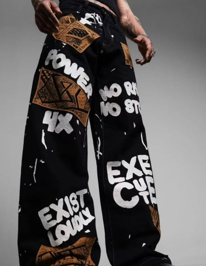 European and American fashion big pattern personality women men high waist jeans Y2K Harajuku casual jeans oversized loose pants
