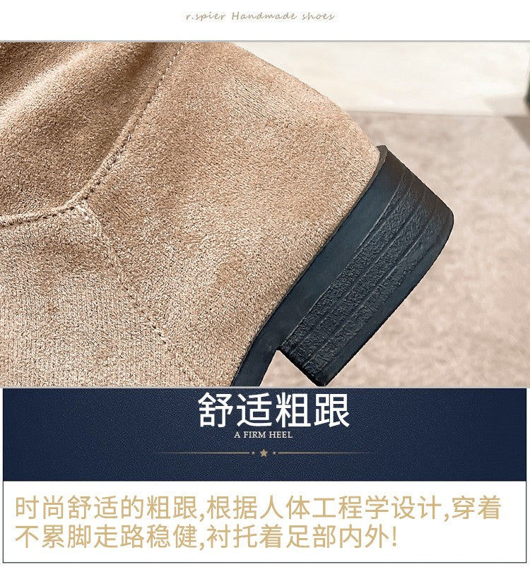 Pleated Boots Women Faux Suede Flock Knee High Boots 2024 Winter Women Fashion Slip on Square Low Heel Knight Booties Mujer 202