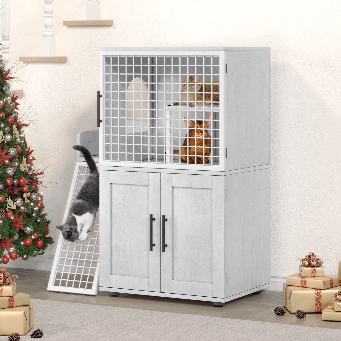 Caixa de Areia para Gatos Oculta com Plataforma, Móvel para Gatos de Camada Dupla, Móvel para Banheiro de Gatos, Casinha de Gatos com Escada