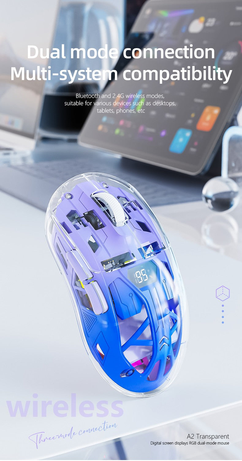 Mouse Bluetooth A2 com tela digital transparente RGB, conexão sem fio de modo duplo, compatível com Win/Mac
