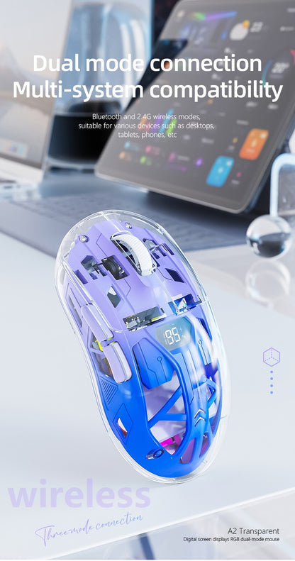 Mouse Bluetooth A2 com tela digital transparente RGB, conexão sem fio de modo duplo, compatível com Win/Mac