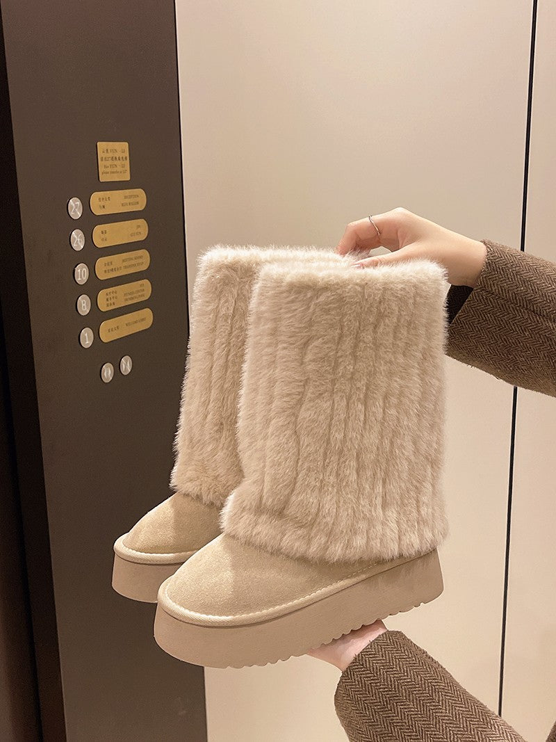 Women's Winter Snow Boots Outdoor Luxury Furry Faux Fox Fur Boots Woman Plush Warm Platform Shoes New Fashion Bottes Big Size