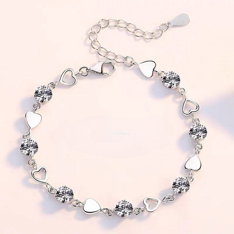 Pulseira de Luxo Coração Vazado Prata 925 Zircônia para Mulheres Joias de Festa Presentes de Moda Coreana Doce e Estilosa