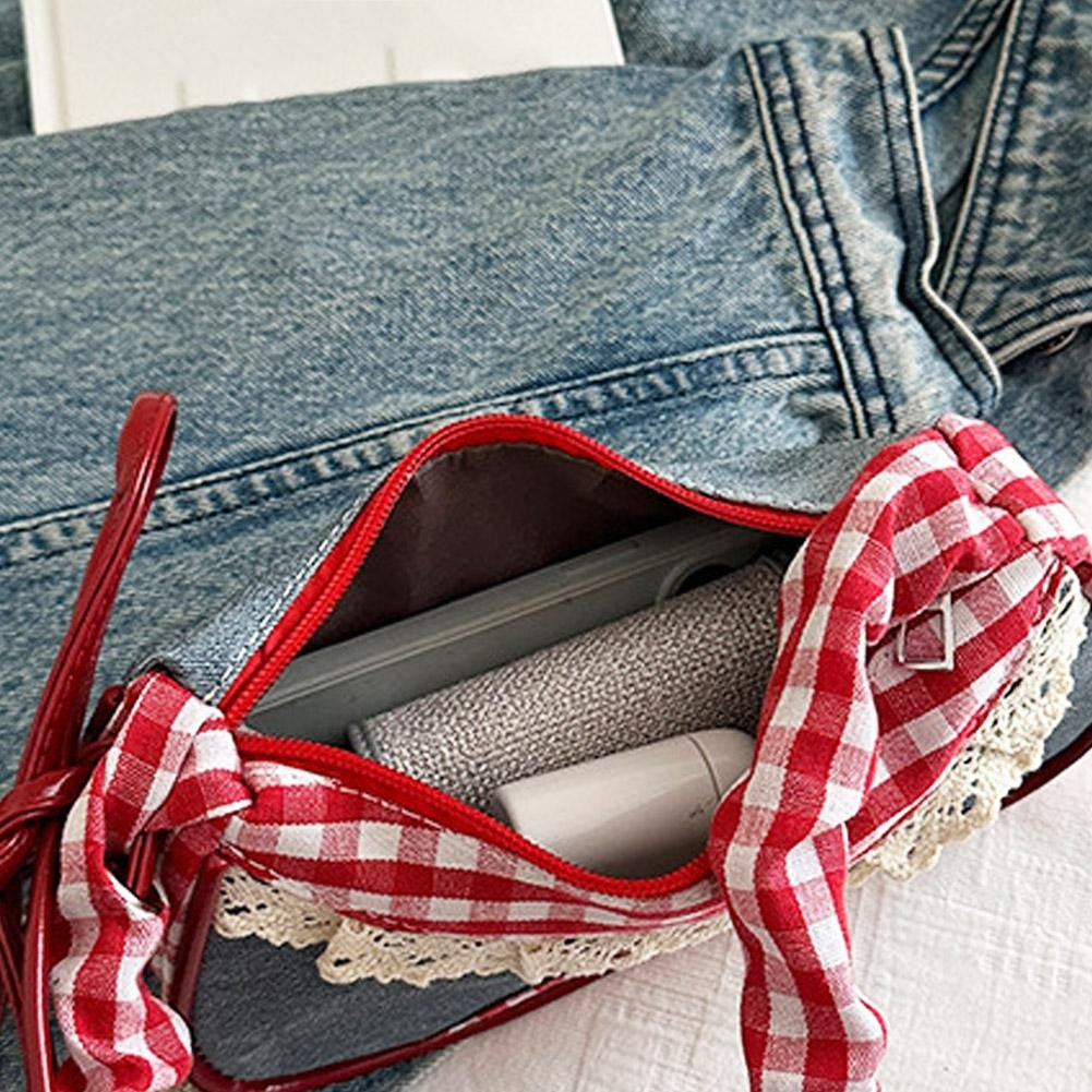New Cute Checkered Handbags Sweet Lace Underarm Bag Bowknot Armpit Shoulder Crossbody Bag Y2k Fashion Casual Shoulder Bag