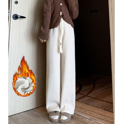 Winter Lady High Waisted Fleece Pants Girls Warm Thermal Straight Leg Trousers Female Classic Solid Drawstring Pants