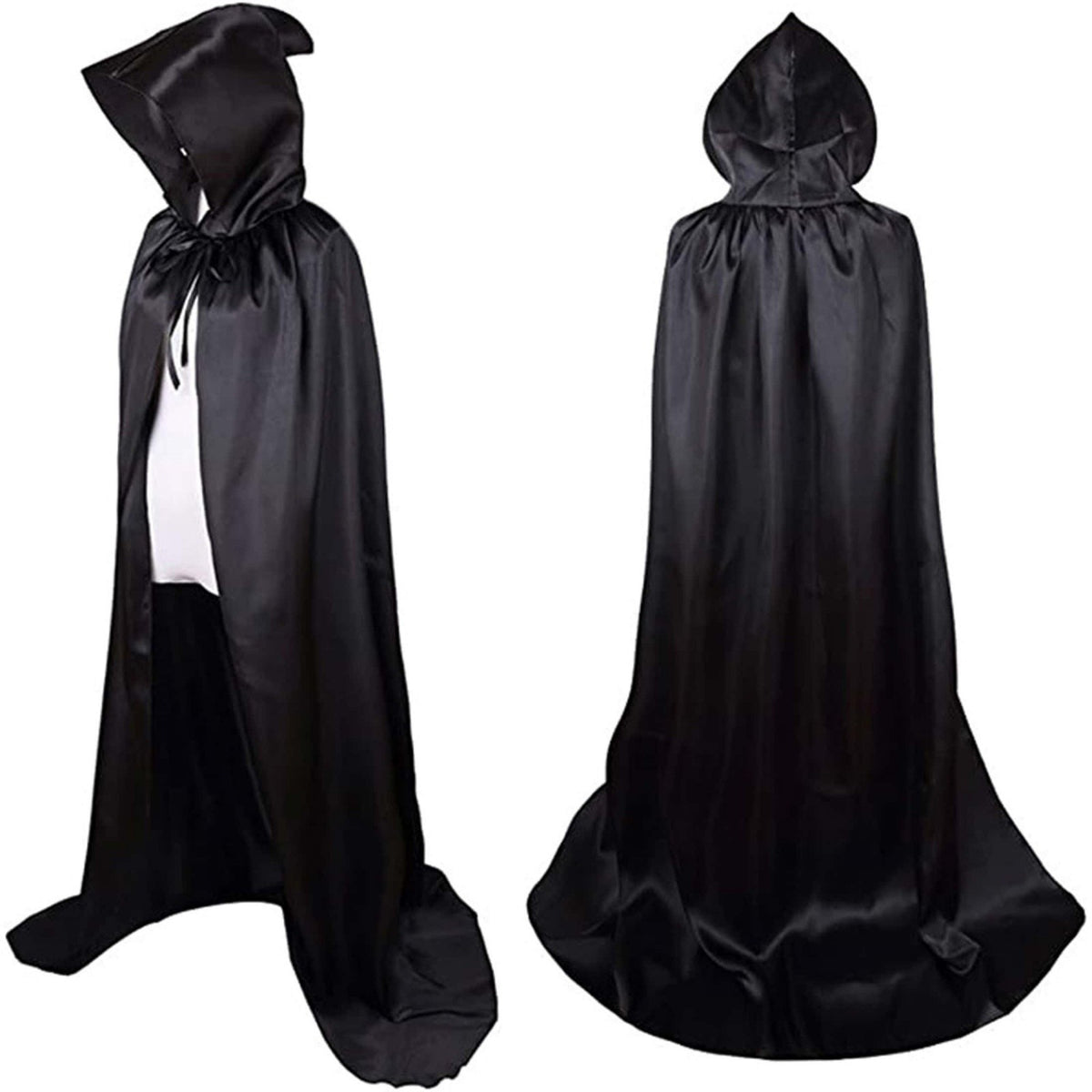 1 Piece of Halloween Cape with 3 Sizes Available. It is a black Grim Reaper cloak made of satin, featuring a stand-up collar