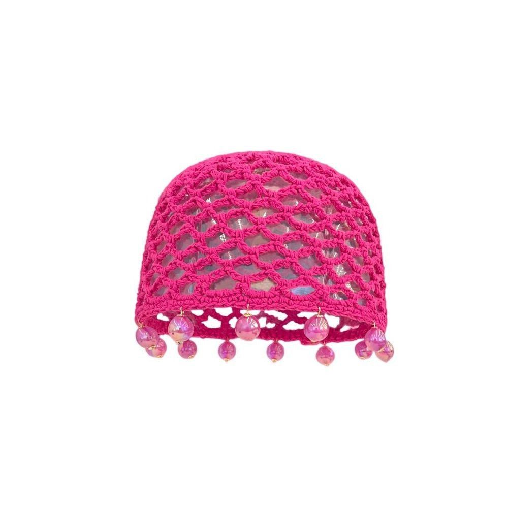 Fashion Round Beads Knitted Hat Crochet Pearl Fringed Woven for Women Travel Versatile Hollow Breathable Retro Beanies Cap
