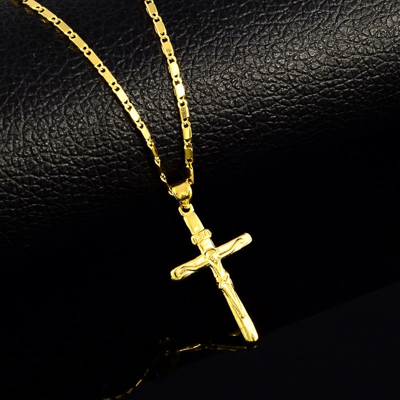 Novo Colar de Ouro 24K Pingente Cruz Banhado a Ouro Colar Joia Masculina e Feminina de Presente 45CM/50CM