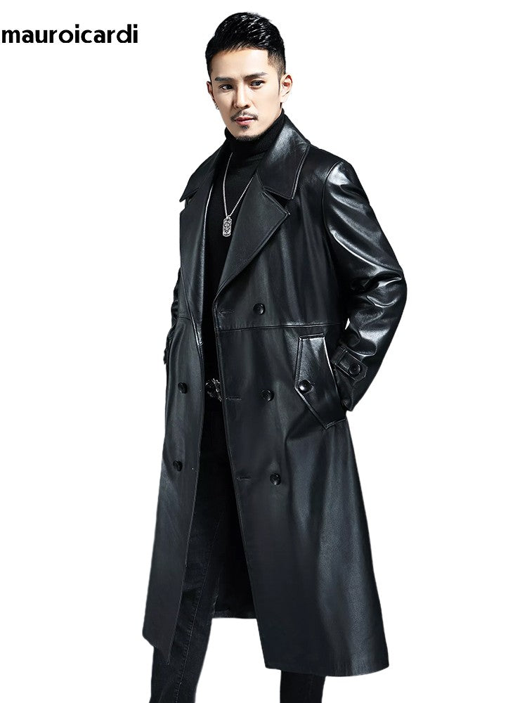 Mauroicardi Spring Autumn Long Cool Waterproof Black Pu Leather Trench Coat Men Double Breasted Plus Size Outerwear 4xl 5xl 2022