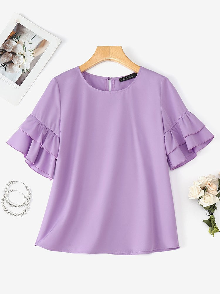 2025 Elegant Office Lady Blouses ZANZEA Summer O Neck Short Sleeve Blouse Women Stylish Solid Holiday Shirt Female OL Work Tops