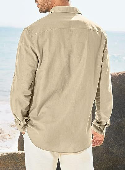 Business Men's Single-breasted Shirt Double Pocket Cotton Linen Long-sleeved Shirt Casual Vacation Shirt