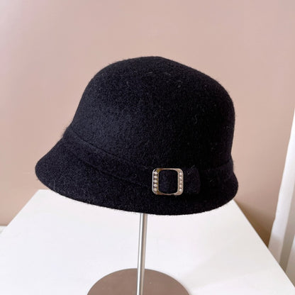 Chapéu de Lã Japonês Feminino Outono Inverno Quente de Tricô Fivela de Diamante Fita Chapéu de Pescador Chapéu de Bacia Pequena Frente e Verso