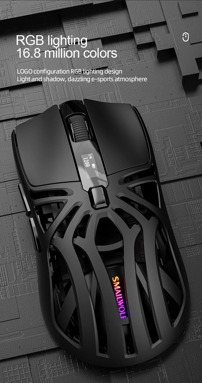 Mouse Gamer Sem Fio Ergonômico SmailWolf RS8, Tri-Modo com Design Oco Ultraleve, 1000Hz e Bateria de Longa Duração