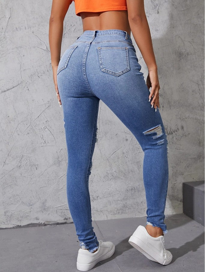 Washed Ripped Skinny Jeans Women's Spring and Fall New Fashion Street High-waisted Jeans Casual Small Leg Pants Pencil Pants