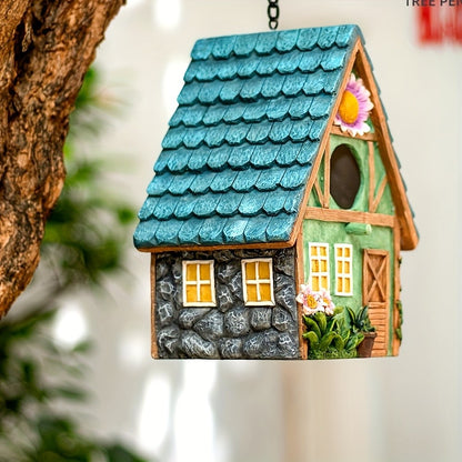 Casa de Pássaro Rústica para Jardim, Resina ABS Durável com Telhado de Madeira. Ideal para Observação de Pássaros e Decoração Externa. Não Precisa de Bateria.