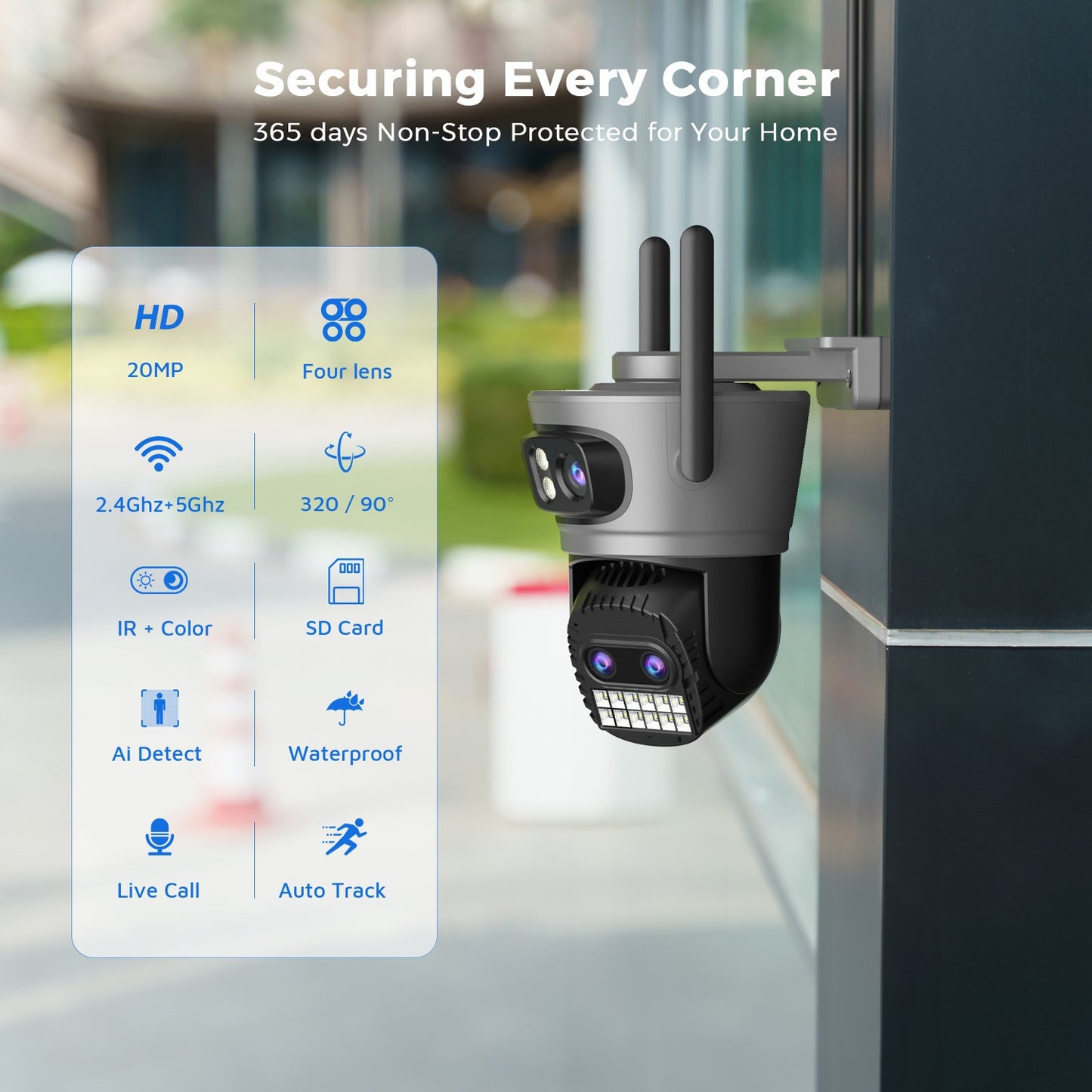20MP 10K PTZ Wifi Camera Four Lens 10X Zoom Surveillance Camera Outdoor 360°No Dead Angle Ultra Long Range Night Vision Security
