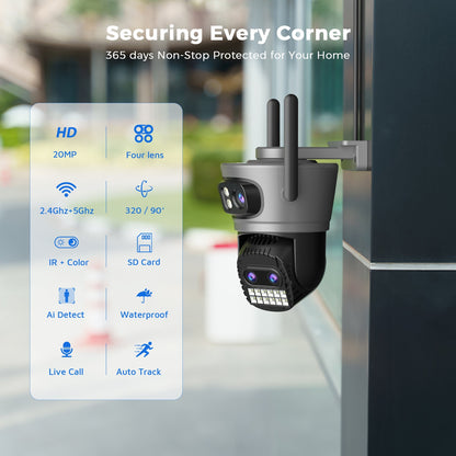 20MP 10K PTZ Wifi Camera Four Lens 10X Zoom Surveillance Camera Outdoor 360°No Dead Angle Ultra Long Range Night Vision Security